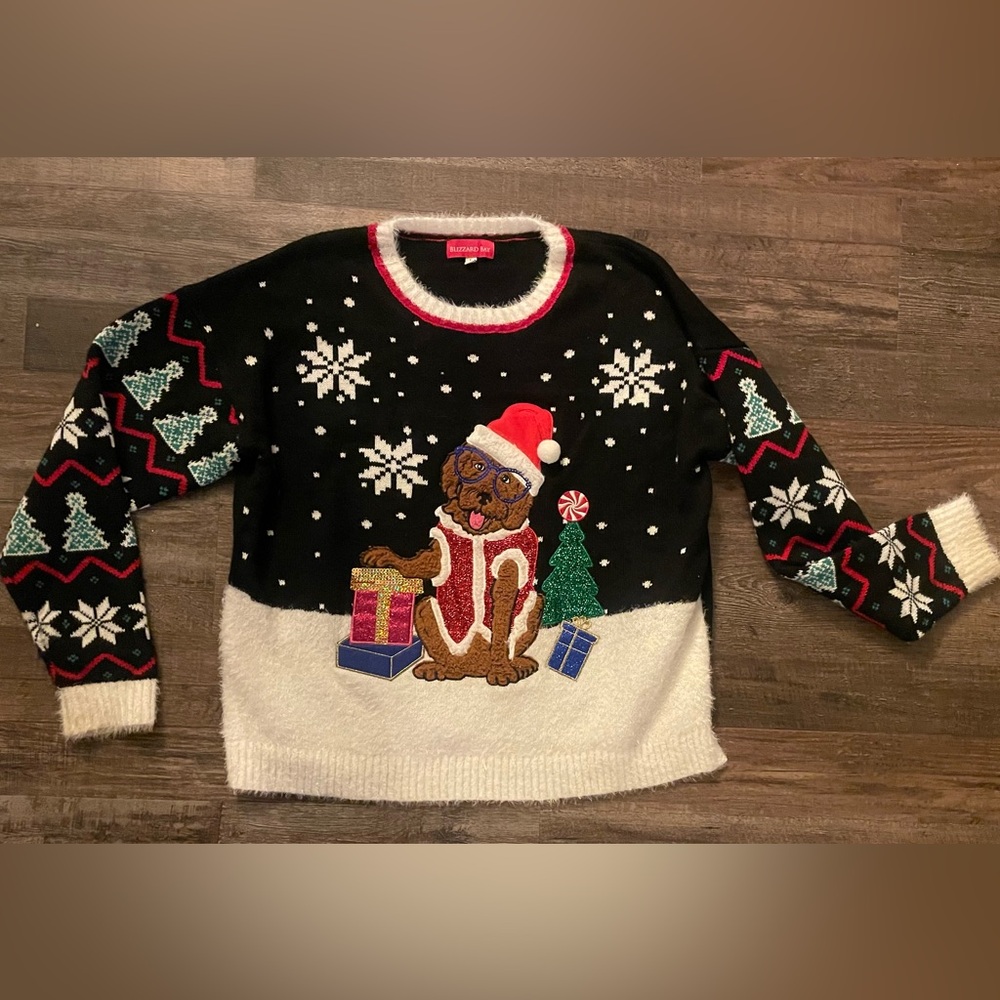 Black & White Holiday Dog Sweater with Santa pup